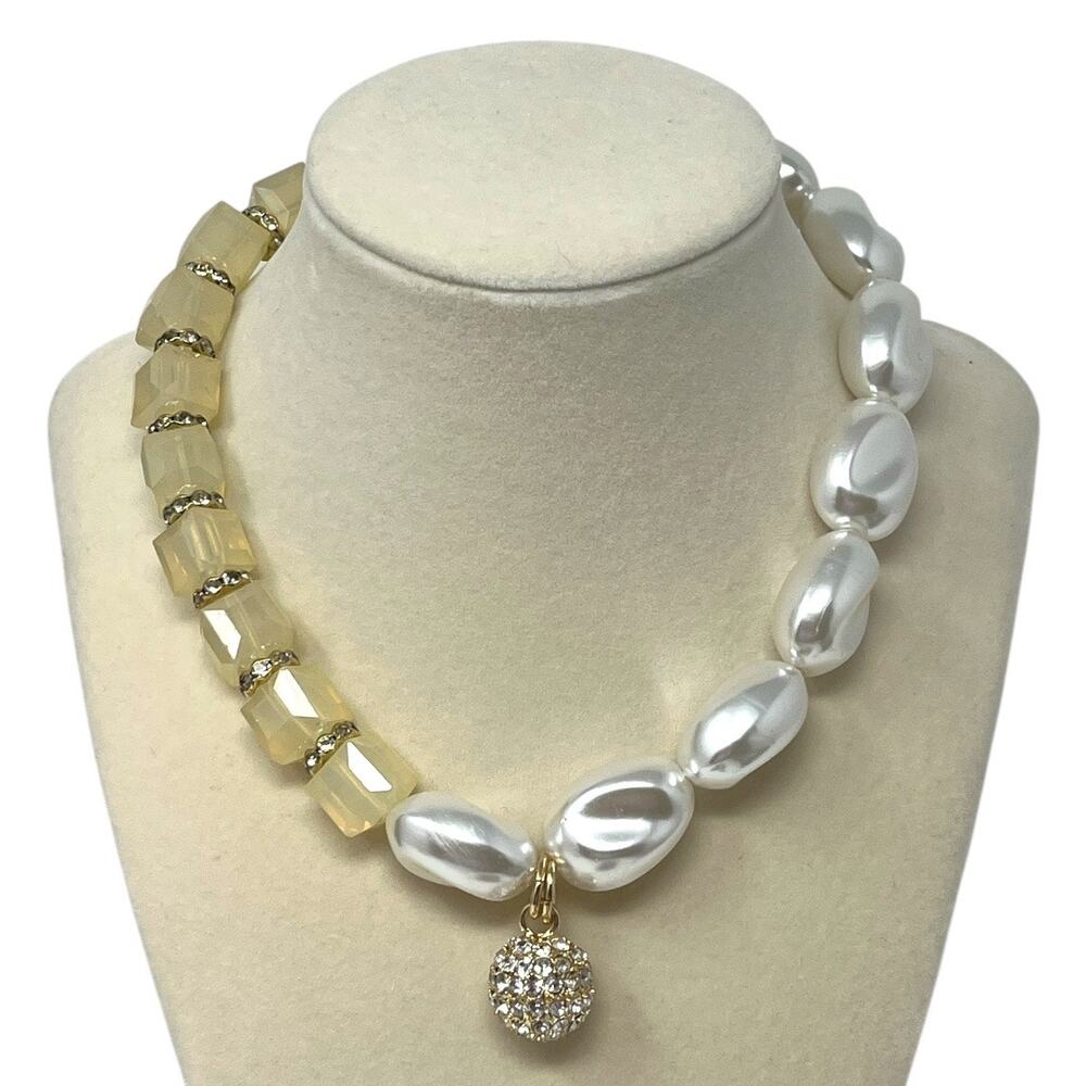 Open Edit Faux Pearl & Bead Statement Necklace Gold Pavé Charm NWT